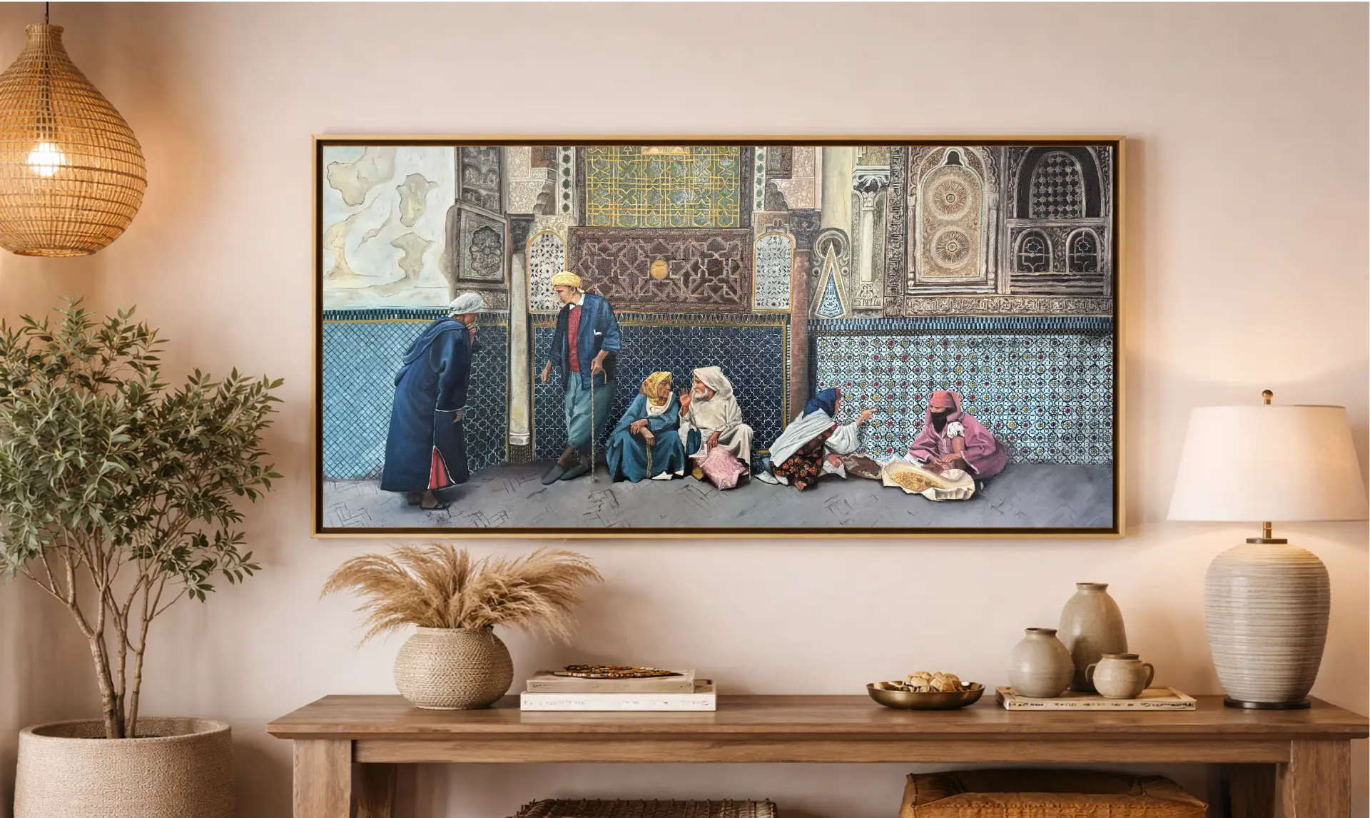 The Streets of Old Morocco oil painting in a styled interior