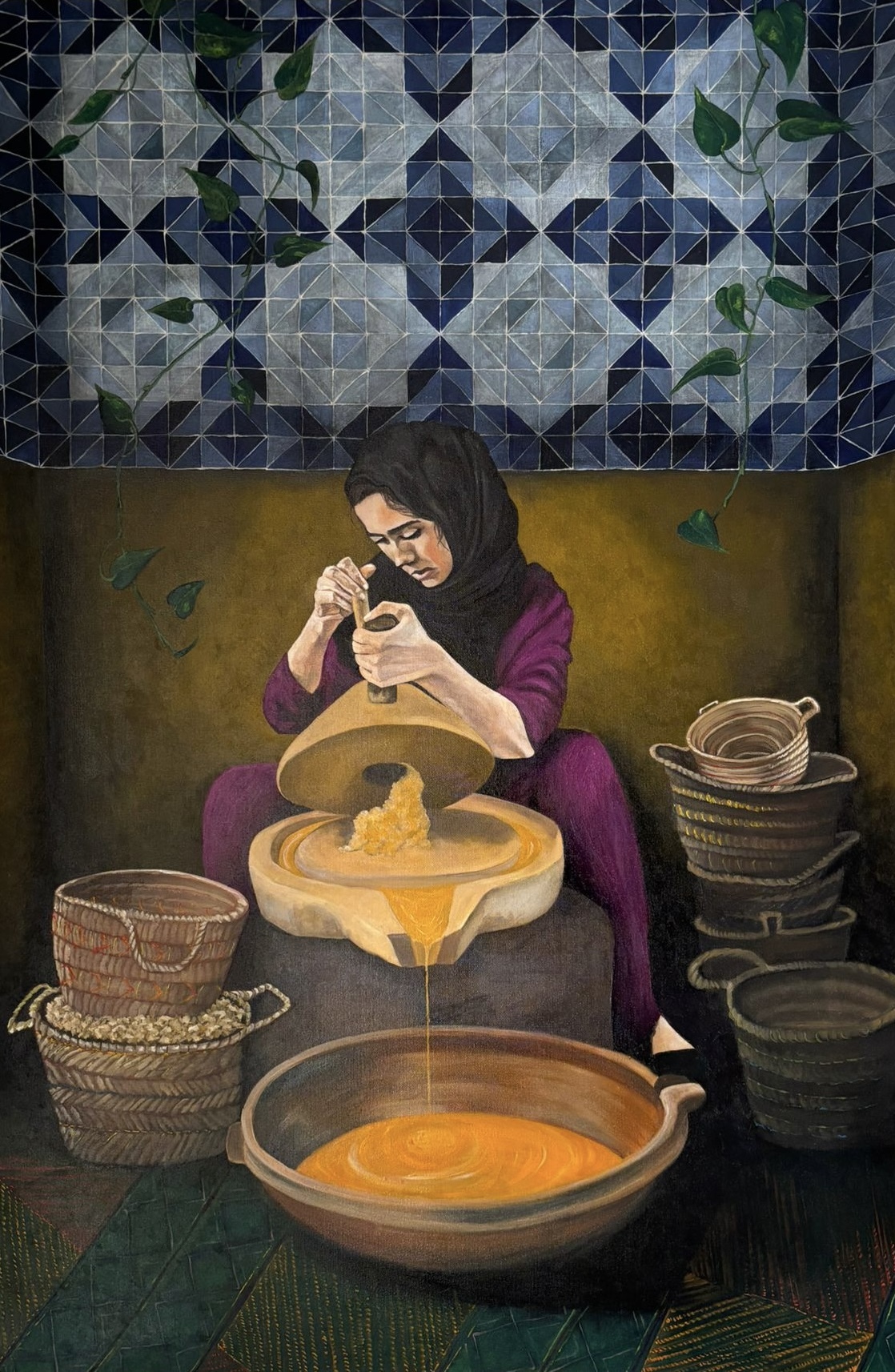 Argan Lady, 2022, Moroccan-inspired oil painting by Meryem Berrada